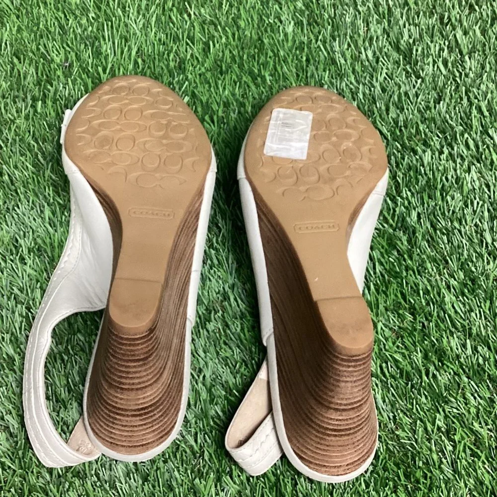 COACH Ciara Cream Leather Wedge Heel Sandals 10b
